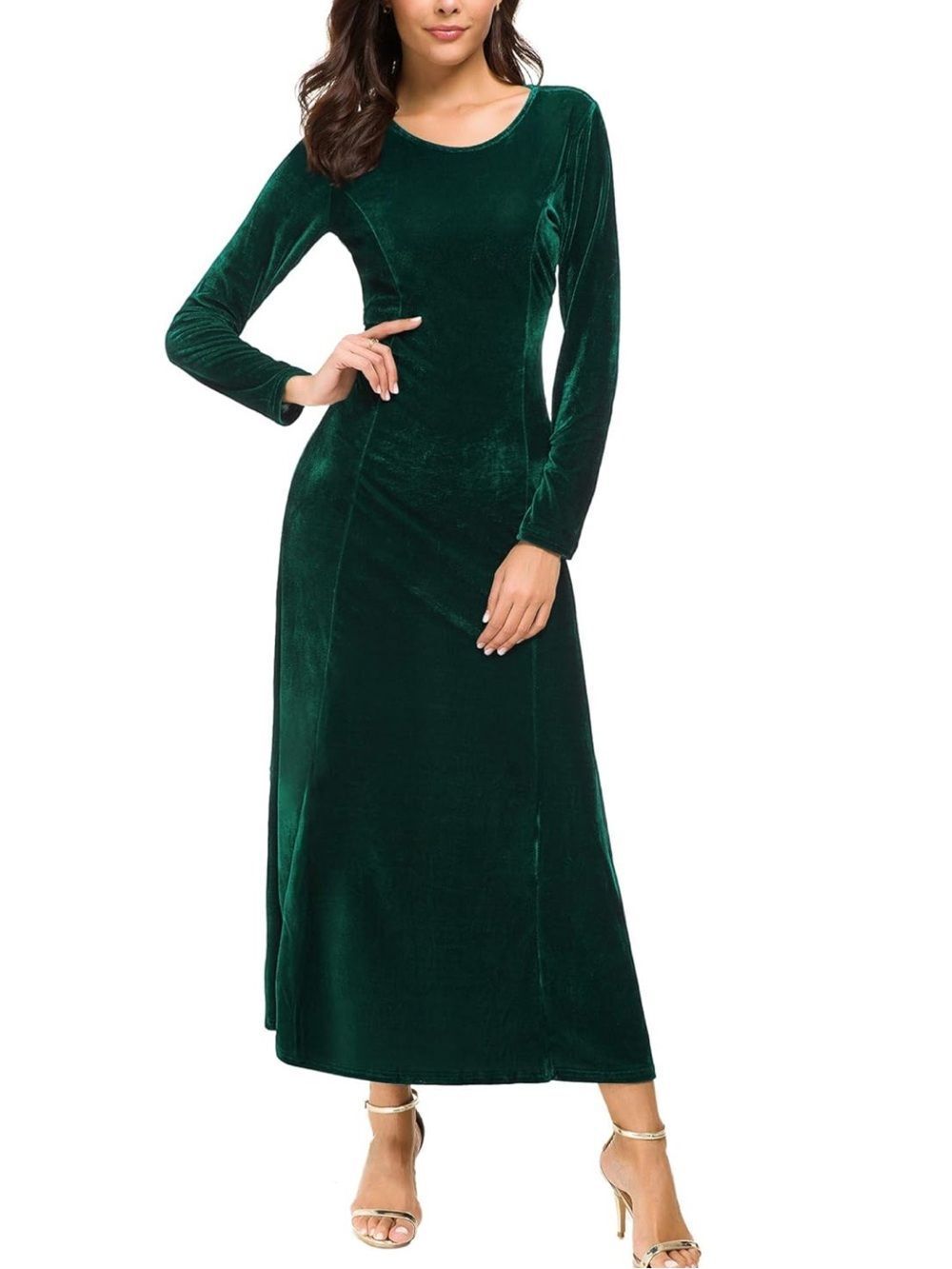 Urban CoCo Elegant Long Sleeve Velvet Long Dress Green Size Medium